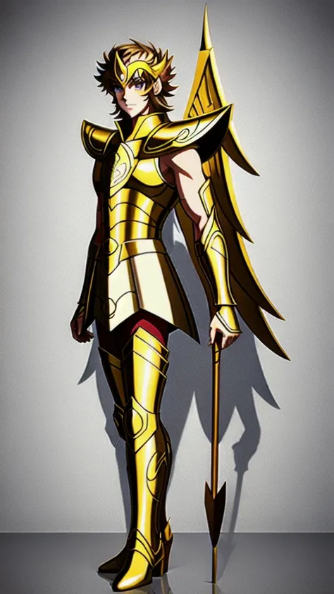 「Pegasus Seiya from Saint Seiya、Wearing the Golden Garment of Sagittarius、Standing with a brave expression。Blonde、Face drawn in realistic style。The facial expression conveys strong will and confidence.。The design of the holy garment、It features precise det...