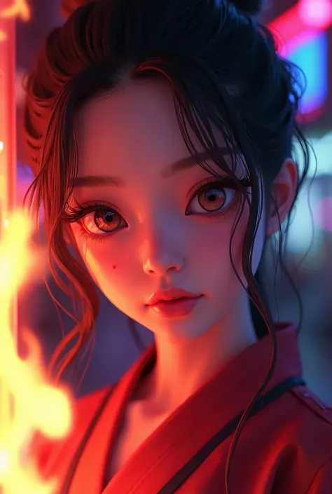 A samurai girl with anime-style features, beautiful detailed eyes, beautiful detailed lips, extremely detailed face, long eyelashes, in a neon-lit background with attractive flames, 4k, best quality, 8k, ultra-detailed, photo-realistic, professional, vivid...