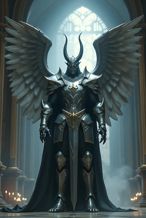 A terrifying and powerful demon dressed as a silver paladin.、Mysterious Church、Overwhelming power、Bold composition、、Clear Eyes、Actually a good devil、Sacred Vibration、Sacred Air、8 pairs of angel wings