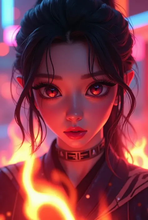 A samurai girl with anime-style features, beautiful detailed eyes, beautiful detailed lips, extremely detailed face, long eyelashes, in a neon-lit background with attractive flames, 4k, best quality, 8k, ultra-detailed, photo-realistic, professional, vivid...