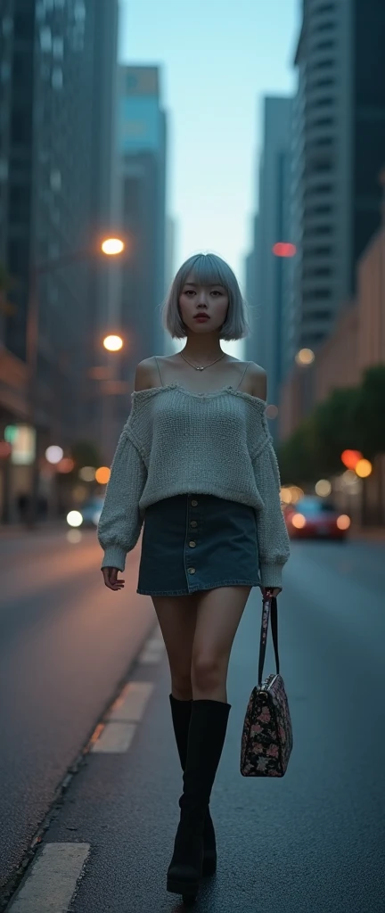 (8k, Photorealistic, Original photo, Highest quality: 1.4),Japanese idol-style beautiful girl,1,Model,1 person,(Short Bob),(Silver Hair),She has her hair tucked behind her ears,Clear grey eyes,Long eyelashes,(piercings(small)),(Lip gloss),lips(Plump,glossy...