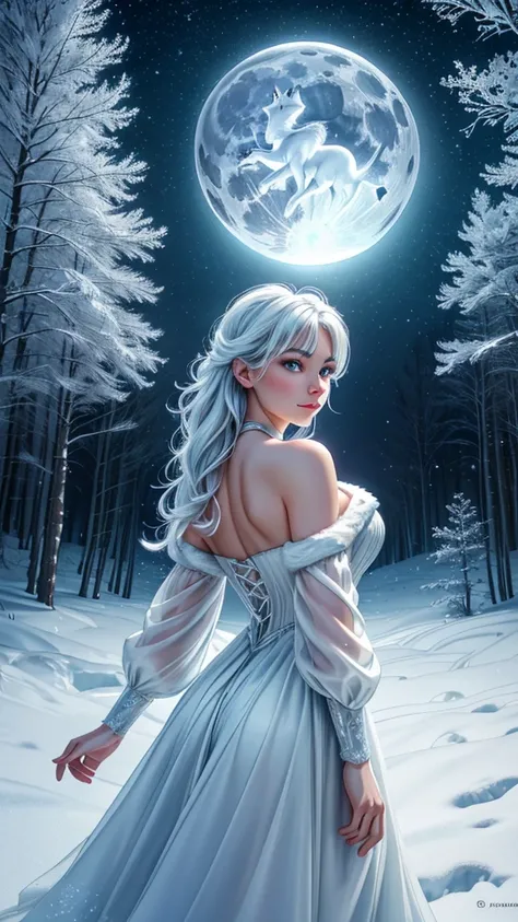 1girl,  solo, (best quality,4k,8k,highres,masterpiece:1.2),ultra-detailed,(realistic,photorealistic,photo-realistic:1.37),night,full moon,arctic fox girl, silver off the shoulder princess outfit,snowy landscape,engaging eyes,wavy white fur,curious expressi...