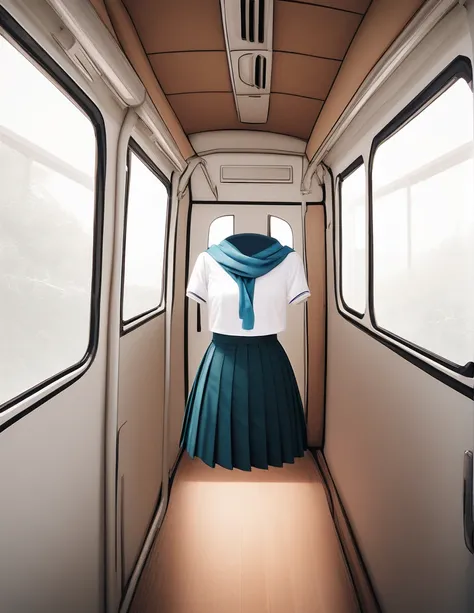 "A floating Japanese school uniform with no visible body, featuring a white sailor-style blouse with a blue scarf, paired with a pleated blue skirt. The uniform appears inside an empty, retro-style public bus with green seats, wooden flooring, and overhead...