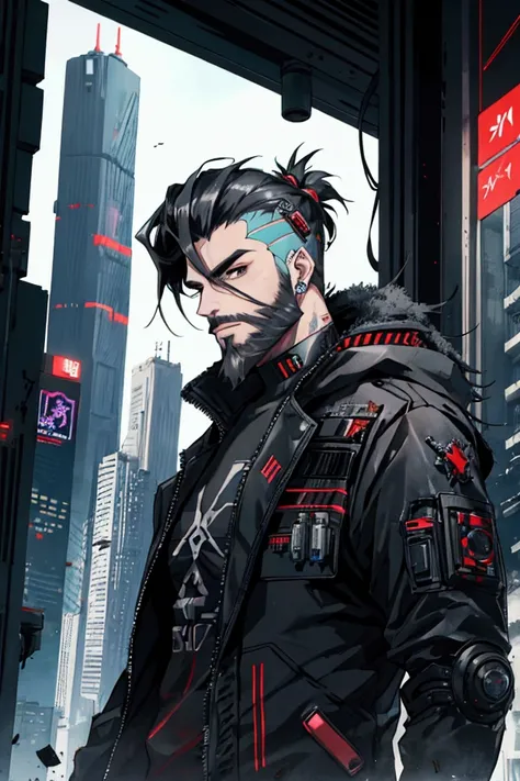 bearded man, cyberpunk style, man with cybernetic implants, cyberpunk style destroyed city on background