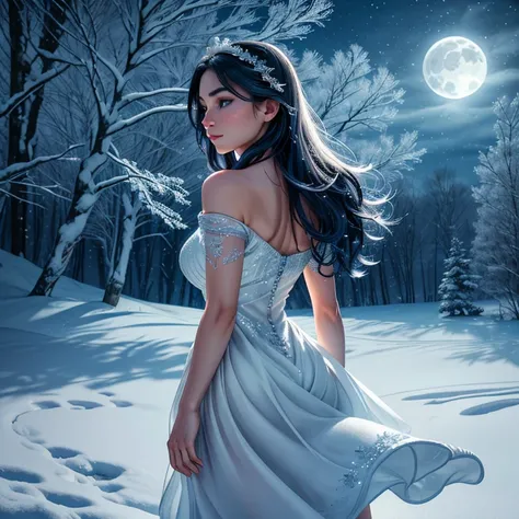 1girl,  solo, (best quality,4k,8k,highres,masterpiece:1.2),ultra-detailed,(realistic,photorealistic,photo-realistic:1.37),night,full moon,arctic fox girl, silver off the shoulder princess outfit,snowy landscape,engaging eyes,wavy white fur,curious expressi...