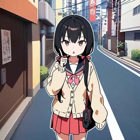 High resolution, 8k, best quality, masterpiece, ultra detailed, anatomically correct, anime, kwaii,
1girl, standing on side in sidewalk, raise index finger,
very long low twintails with red ribbon, very long low pigtails, black hair, dark brown eye,
curios...