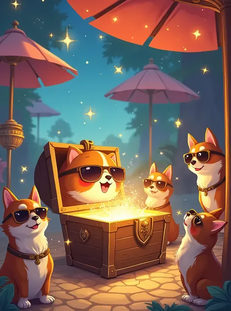 A sparkling treasure chest at a stall in another world. Inside the chest is a sparkling jewel and a cute smiling capybara wearing sunglasses.、A masterpiece of cute adventurers with cute sunglasses and smiling corgis looking into the treasure chest, Winner ...