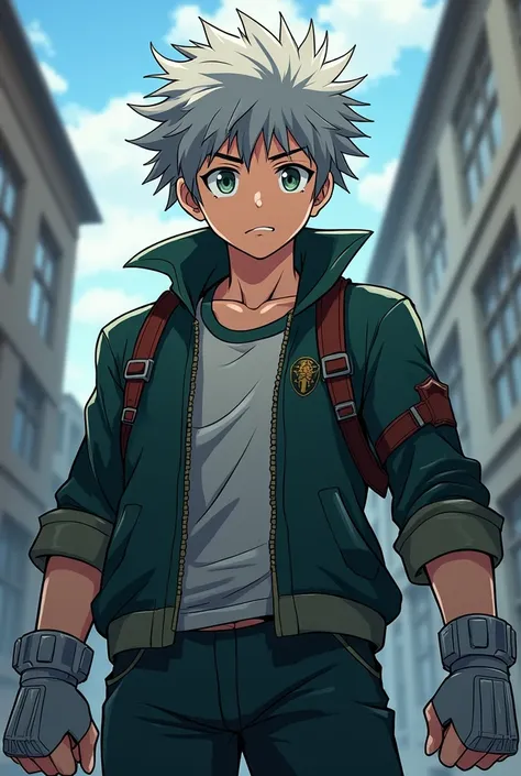 Anime My hero Academy, adolescent (14 years), male gender, tall and muscular boy, Hair(silver) short messy, serious face with a slight smile, boys school uniform(negro), steel reinforced gloves 