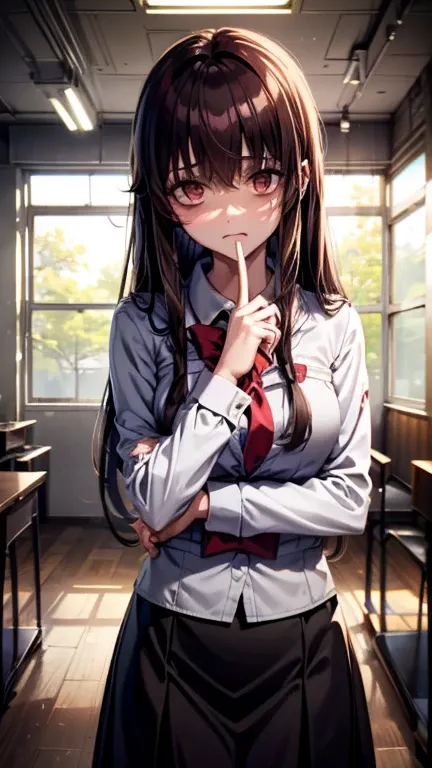 "A yandere female teacher standing in a dimly lit classroom. She has long, straight brown hair with a few loose strands framing her face, her eyes wide with an unsettling, obsessive gaze. She wears a white blouse and a black pencil skirt, the outfit slight...