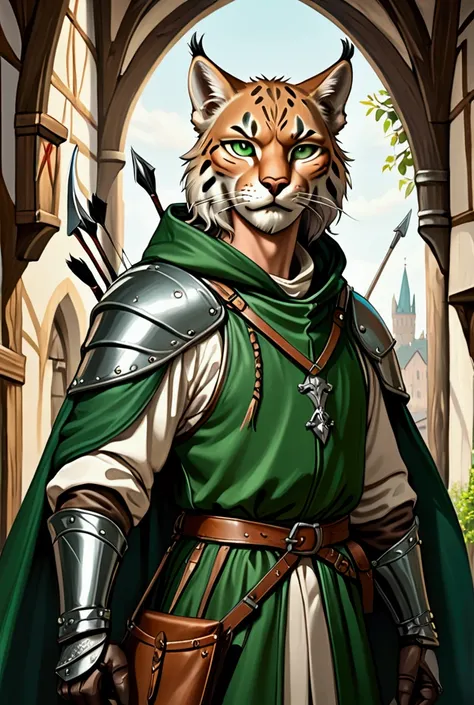 Anthropomorphic lynx man with lynx face, in medieval clothing of a hunter, wearing green long cloak over his shoulders. He has a longbow in his right hand and is ready to shoot at the viewer. He is wearing brown or black worn leather armour. High detail bo...