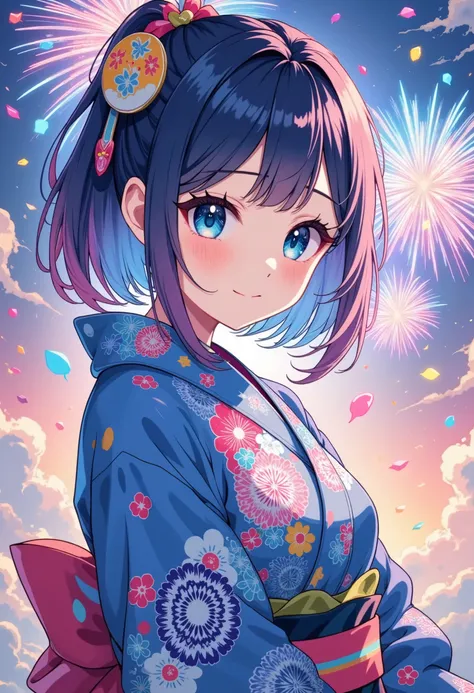 a beautiful girl in a yukata, sparkling eyes, perfect eyes, cinematic lighting, blue color theme, fireworks in the background, b...