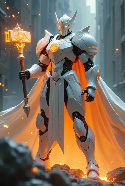 unreal engine, a full armor mecha paladin, he wear a white armor with glittering orange neon light and white cloak, he swinging a holy hammer against an skeleton, cinematic lighting