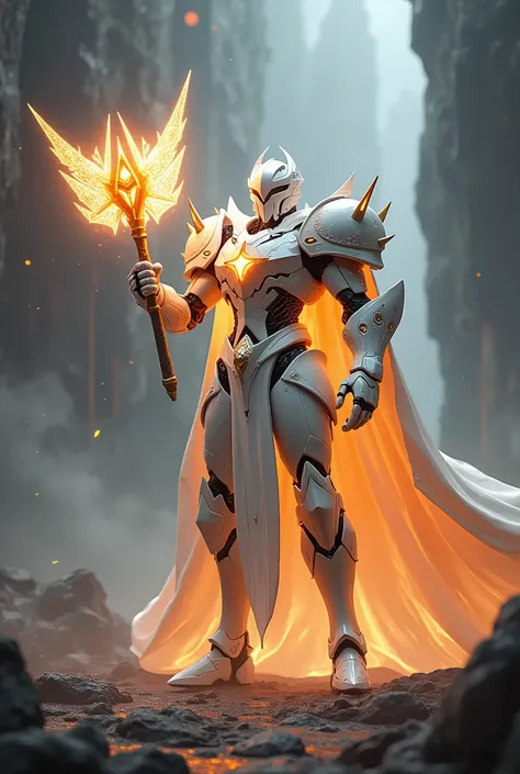 unreal engine, a full armor mecha paladin, he wear a white armor with glittering orange neon light and white cloak, he swinging a holy hammer against an skeleton, cinematic lighting