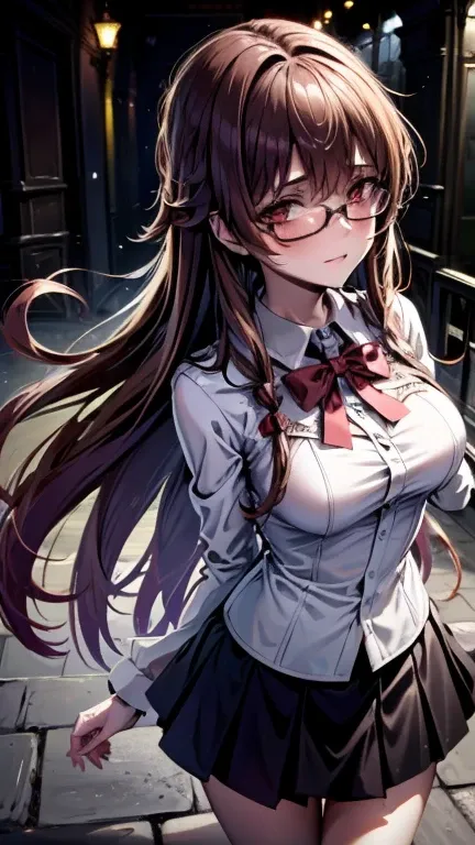 {{{beautiful detailed girl}}}, brown hair, long hair, glasses, wearing a tight blouse, black skirt, standing very close to a student, {{{yandere expression}}}, {obsessive gaze}, {dark background}, {intense emotional atmosphere}, ultra detailed, cinematic l...