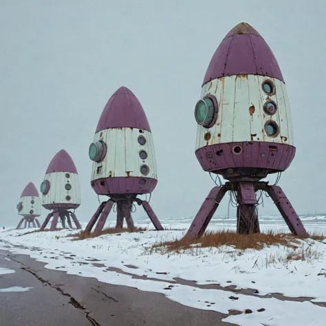 (beach:1.5) derelict a row of spaceships (blizzard:1.3) simon stalenhag style blanched almond,paris white,amethyst smoke