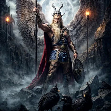 Odin, the Norse god of wisdom, war, and death. He is a muscular man with a long white beard and horns. He is wearing a horned helmet, a blue and gold loincloth, and a long blue cape. He is standing in front of a large moon, and there are several black rave...