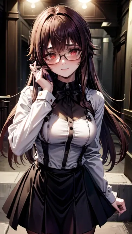 {{{beautiful detailed girl}}}, brown hair, long hair, glasses, wearing a tight blouse, black skirt, standing very close to a student, {{{dominant yandere expression}}}, {obsessive gaze}, {dark background}, {intense emotional atmosphere}, ultra detailed, ci...