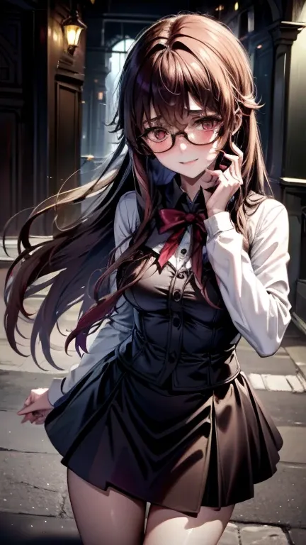 {{{beautiful detailed girl}}}, brown hair, long hair, glasses, wearing a tight blouse, black skirt, standing very close to a student, {{{victorious yandere expression}}}, {obsessive gaze}, {dark background}, {intense emotional atmosphere}, ultra detailed, ...