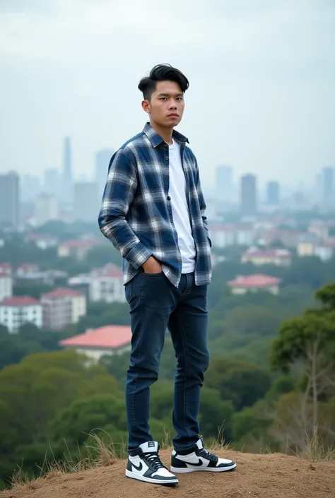 Please make me a realistic photo, the photo shows a handsome Asian young man standing on the top of a hill with a view of the city in the background. She wears a blue and white long-sleeved plaid shirt, dark blue jeans, and Nike Air Jordan shoes. He looked...