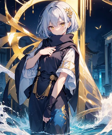 (One Girl)、(())、((Slender))、(Small breasts)、Beautiful yellow eyes、Best Quality、8k - **expression**: 真剣なexpression - **Hairstyle**: Silver short hair,  - **Clothing 2**:Wearing a navy blue ninja-style outfit - **accessories**: 簡素なヘアaccessories、Red scarf - *...