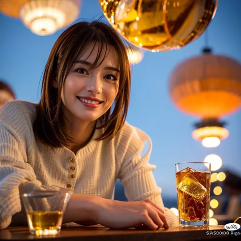 (Realistic, 超Realistic:1.4), 16K HDR, High resolution,((Whiskey Glass)),((Whiskey Bottle)),((Whiskey Glass)),Happy Smile、Short Hair,The best smile、Japanese Actress,so beautiful(It looks like the real thing),Evening Dresses,Cocktail Dresses、Whiskey Bottle、T...