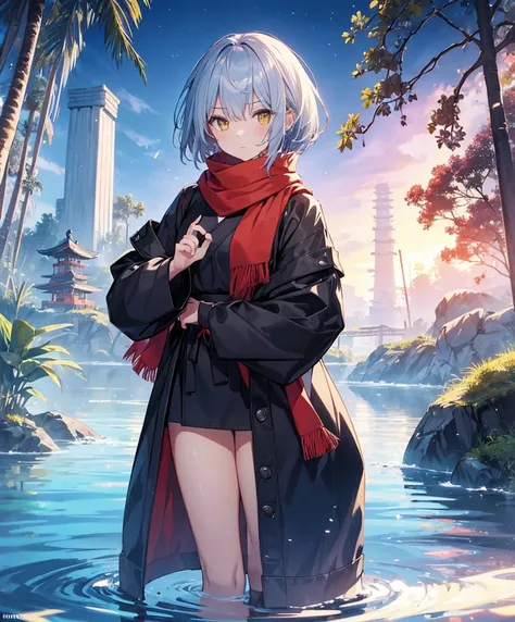 (One Girl)、(())、((Slender))、((Small breasts))、Beautiful yellow eyes、Best Quality、8k - **expression**: 真剣なexpression - **Hairstyle**: Silver short hair,  - **Clothing 2**:(Red scarf) 、Wearing a navy blue ninja-style outfit - **accessories**: 簡素な赤色のヘアaccesso...