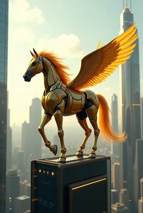 horse with wings in cyborg costume Standing on sky scrapper, golden color