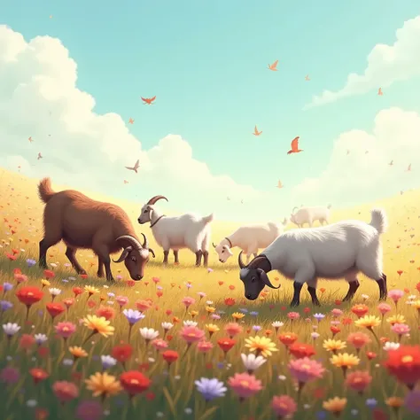 A flower field on one side、Clear autumn sky、Herd of goats、Goat eating flowers