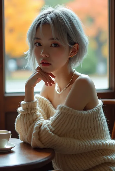 (8k, Photorealistic, Original photo, Highest quality: 1.4),Japanese idol-style beautiful girl,1,Model,1 person,(Short Bob),(Silver Hair),She has her hair tucked behind her ears,Clear grey eyes,Long eyelashes,(piercings(small)),(Lip gloss),lips(Plump,glossy...