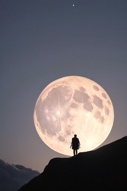 Best Quality,Big moon and shadow,A silhouette of a person can be seen against the backdrop of a large moon.,There is one full moon,There is a mood,Beautiful scenery,Starry Sky