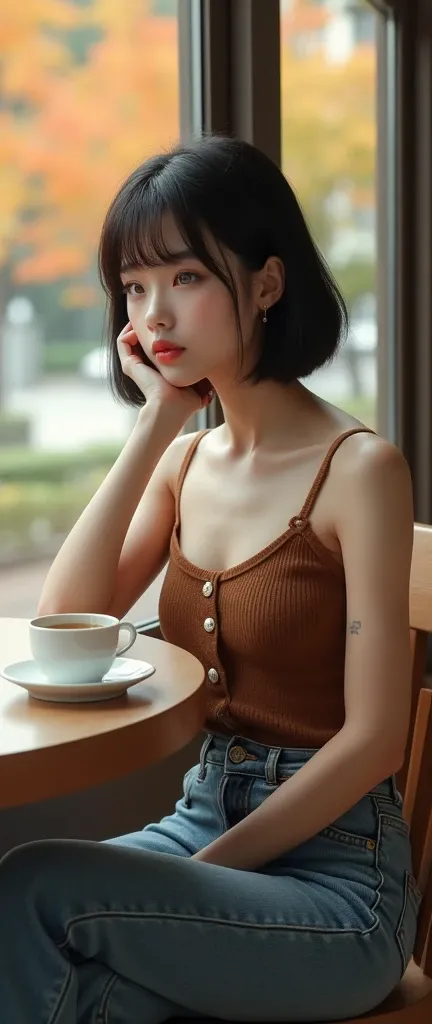 (8k, Photorealistic, Original photo, Highest quality: 1.4),Japanese idol-style beautiful girl,1,Model,1 person,(Short Bob),(Black Hair),She has her hair tucked behind her ears,Clear grey eyes,Long eyelashes,(piercings(small)),(Lip gloss),lips(Plump,glossy)...