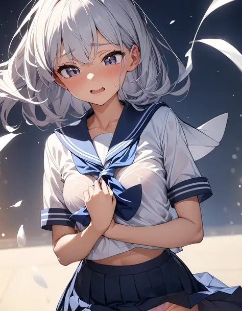 Skirt fluttering in the wind,Hold the skirt in front with your hands,Panties slightly visible,Sailor suit,One beautiful girl,Ultra high definition,Ultra-high resolution,Small breasts,I feel embarrassed,