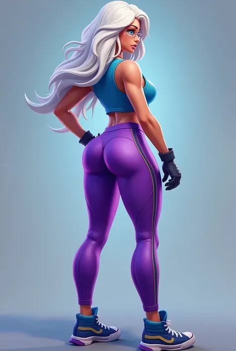 fortnite style girl, with long white hair, voluptuous hips, blue eyes, wearing allstar sneakers, glasses, blue tank top, tight purple gym pants, full body back
