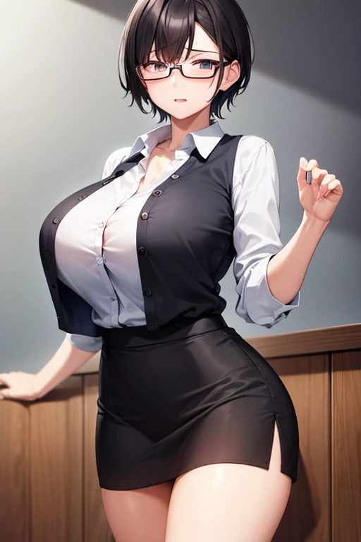 Busty mature woman wearing glasses、Mother、Plain short black hair、A blouse with the buttons undone and a skirt so short that her underwear is visible、Family restaurant、sit facing each other in a box seat、When asked an embarrassing request, her eyes widen in...