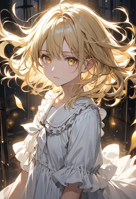 Blonde、Medium short waving hair、Girls in their early teens、Golden Eyes、White frilled dress、Expressionless、cool、Intellectual and mysterious atmosphere、Silent、One person