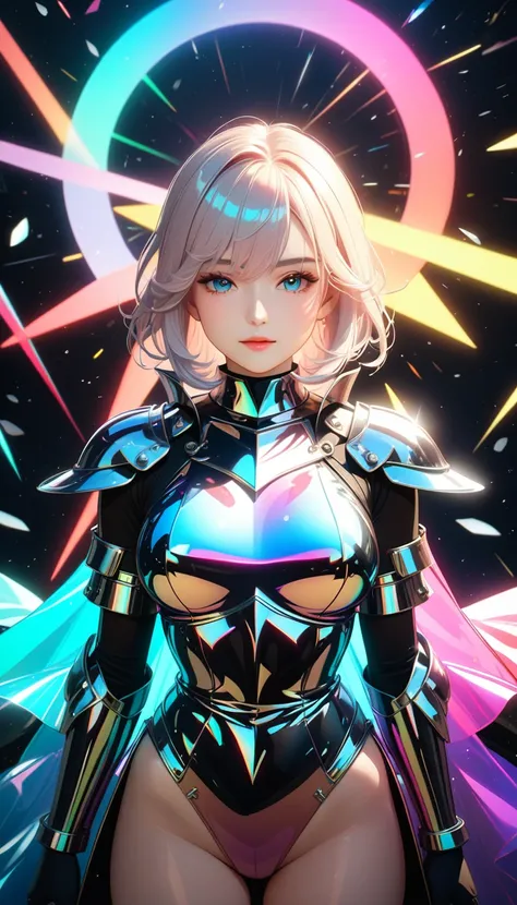 20 year old mature woman、 whole body、 Holy Knight，Dignified pose、Detailed face, Detailed skin, Clear vinyl gloss armor、 Transparent PVC clothing, chromatic aberration, Prismatic, Holographic, Color gradient、Snowstorm、Ray Tracing，OC Rendering，(Best Quality、...