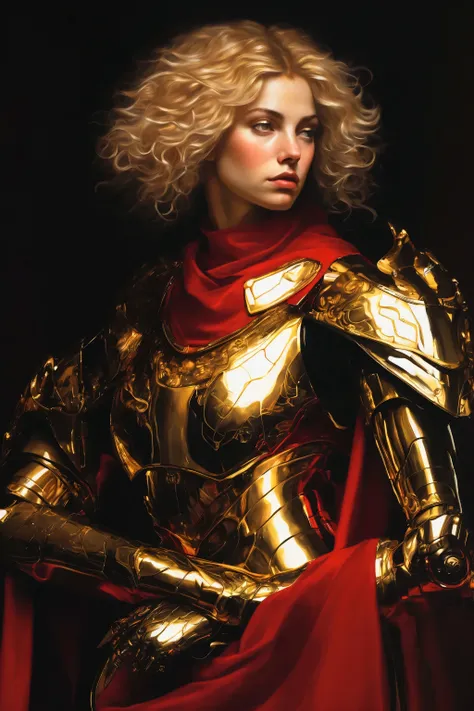 caravaggio painting; high contrast; red rising book series; virginia au augustus; beautiful woman, gold hair; shining gold eyes; leader of big spaceship feet; gold futuristic armor with red details; futuristic godess warrior; high-tech robotic armor
