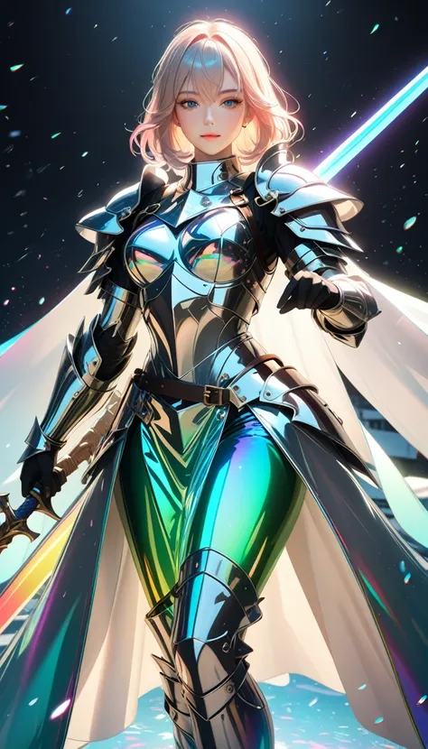 20 year old mature woman、 whole body、 Holy Knight，Dignified pose、Carrying a Sword、Detailed face, Detailed skin, Clear vinyl gloss armor、 Transparent PVC clothing, chromatic aberration, Prismatic, Holographic, Color gradient、Snowstorm、Ray Tracing，OC Renderi...