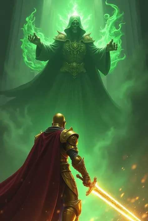 A paladin in golden armor, brandishing a shining sword, surrounded by the dark invocations of a necromancer. The Necromancer, enveloped in green flames, is casting spells from an elevated position. The scene is seen from a low angle, as if the camera was o...