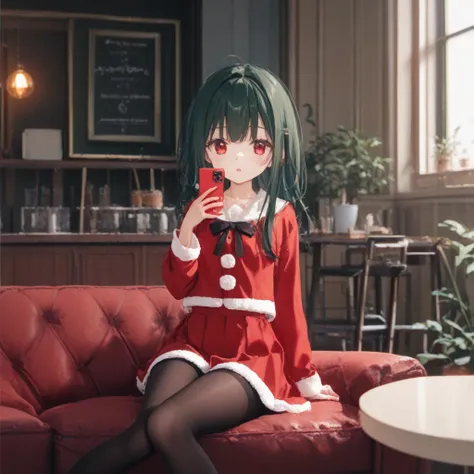 ((Her Appearance: Thin line outline、Perfect facial features、Dynamic_short_Bobcut、、(Dark Green)hair、(red)eye＿つりeye＿、（No hat）Mini skirt long sleeve santa outfit、Black pantyhose、(彼女はsofaに座って、Look at your smartphone、My face is very red)、(background:Coffee shop...