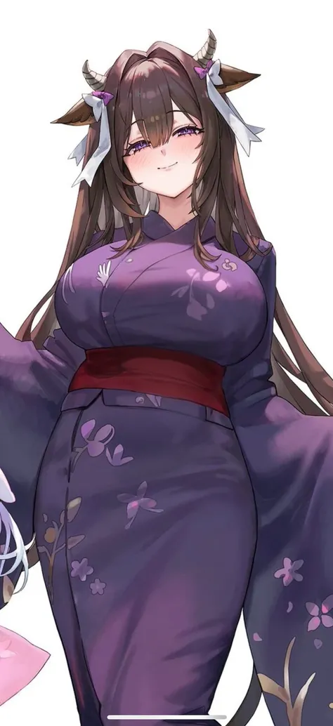 (masterpiece of the highest quality:1.2),absurdres,High resolution,1girl,Alone,Upper body portrait animal_ear,length_hair,purple_eye,ox_ear,ox_horn,ox_Tail,purple_skirt,ox_girl,brown_hair,Looking_in_Viewers,wind_chime,Extremely large_chest,Crop_jacket,plei...