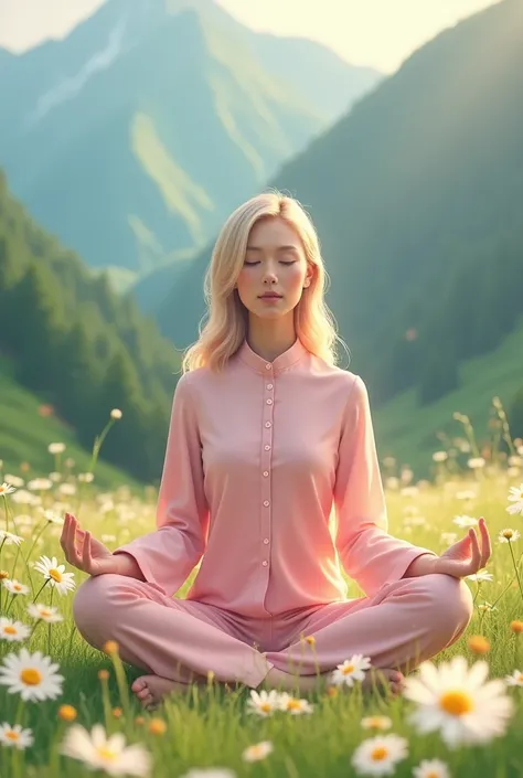 a young woman is meditating in a beautiful flower field, surrounded by lush green mountains in the background. She is wearing a soft pink silk outfit with a high collar and a row of buttons down the center. Her outfit looks elegant and adds a gentle, grace...