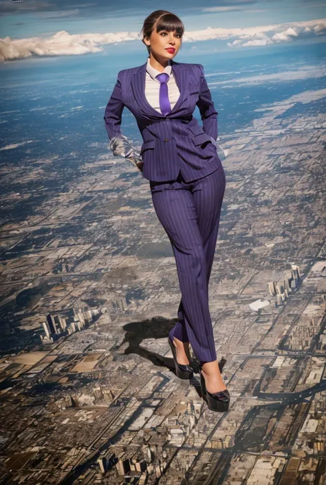 Young massive Gigantic giantess woman bigger the whole cities, beautiful curves a massive thighs, hair in a long fishtail braid, lipstick wearing a perfect perfect tailored grey pinstriped trouser suit and blazer, crisp white shirt and large broad purple w...