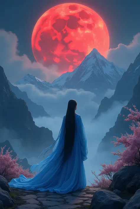 Dark, blood moon, night, high Asian mountains, asia, girl, in blue hanfu, long black hair, under the blood moon, wisteria petals, hd