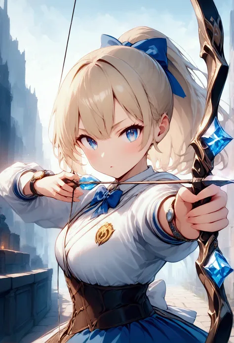 Anime Style,1girl,Kyudo Club,Drawing a bow,Long Bow and Arrow,white bow,Take aim,concentrated,Blonde Hair,ponytail,Blue eyes,Shining Eyes,Shining Eyesのハイライト,White Hoodie Like a Sapphire,Black Belt,White Beret,Has a bow,Draw the bow,Expressing despair Empha...