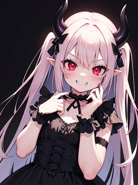 1 girl, cute, devil, devil horns, devil wings, gothic lolita, red eyes, mischievous expression, (grin:1.3), highly detailed face...