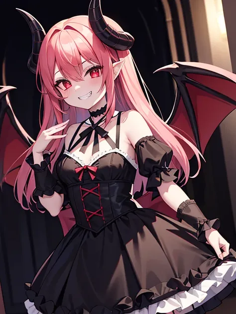 1 girl, cute, devil, devil horns, devil wings, gothic lolita, red eyes, mischievous expression, (grin:1.3), highly detailed face...