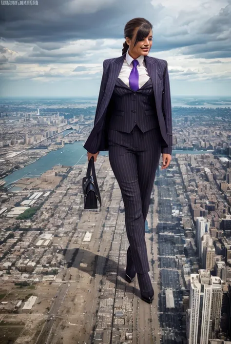 Young massive Gigantic giantess woman bigger the whole cities, beautiful curves a massive thighs, hair in a long fishtail braid, lipstick wearing a perfect perfect tailored grey pinstriped trouser suit and blazer, crisp white shirt and large broad purple w...