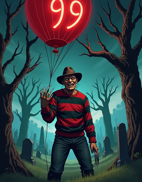 Freddy Krueger with his sharp metal claws, he is your helium gas red baloon operator, the baloon has number 99 on it, asking you to take a flight with his fierce menacing eyes and devious grin, gnarled willow trees and cemetery in background, realistic col...