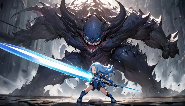 (profile, battle style), (a forehead blue hair long hair) (best immensely cute girl) (best cute blue eyes) (serious face, glossy lip), ((master attack to a monster, Full swing very long Beam sabre with hit effect:1.3)), Confrontation, ((a biggest monster d...